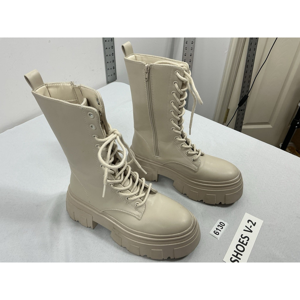 Womans London Rag Stomper Combat Boots Crème Us 6 Eu 37 Lace Zip Chunky Heel